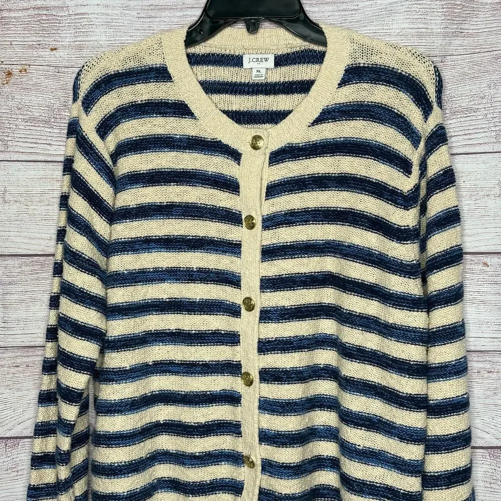 J. Crew Blue & Cream Striped Preppy Cotton Blend Quiet Luxury Cardigan Size XL